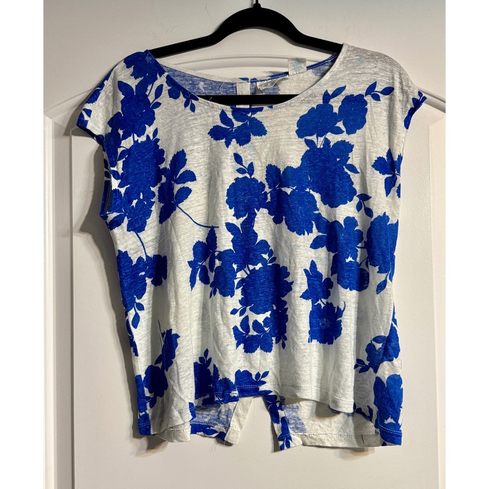 Cynthia Rowley Floral Linen Top ‎ Medium Blue White Button Back Tee Coastal